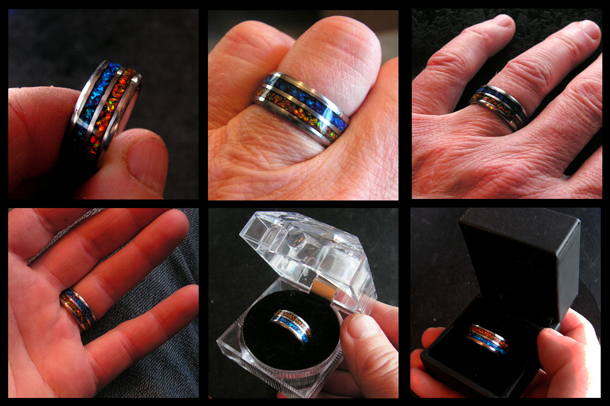 Titanium Ring 8mm Double Channel Crushed Fire and Ice Opals