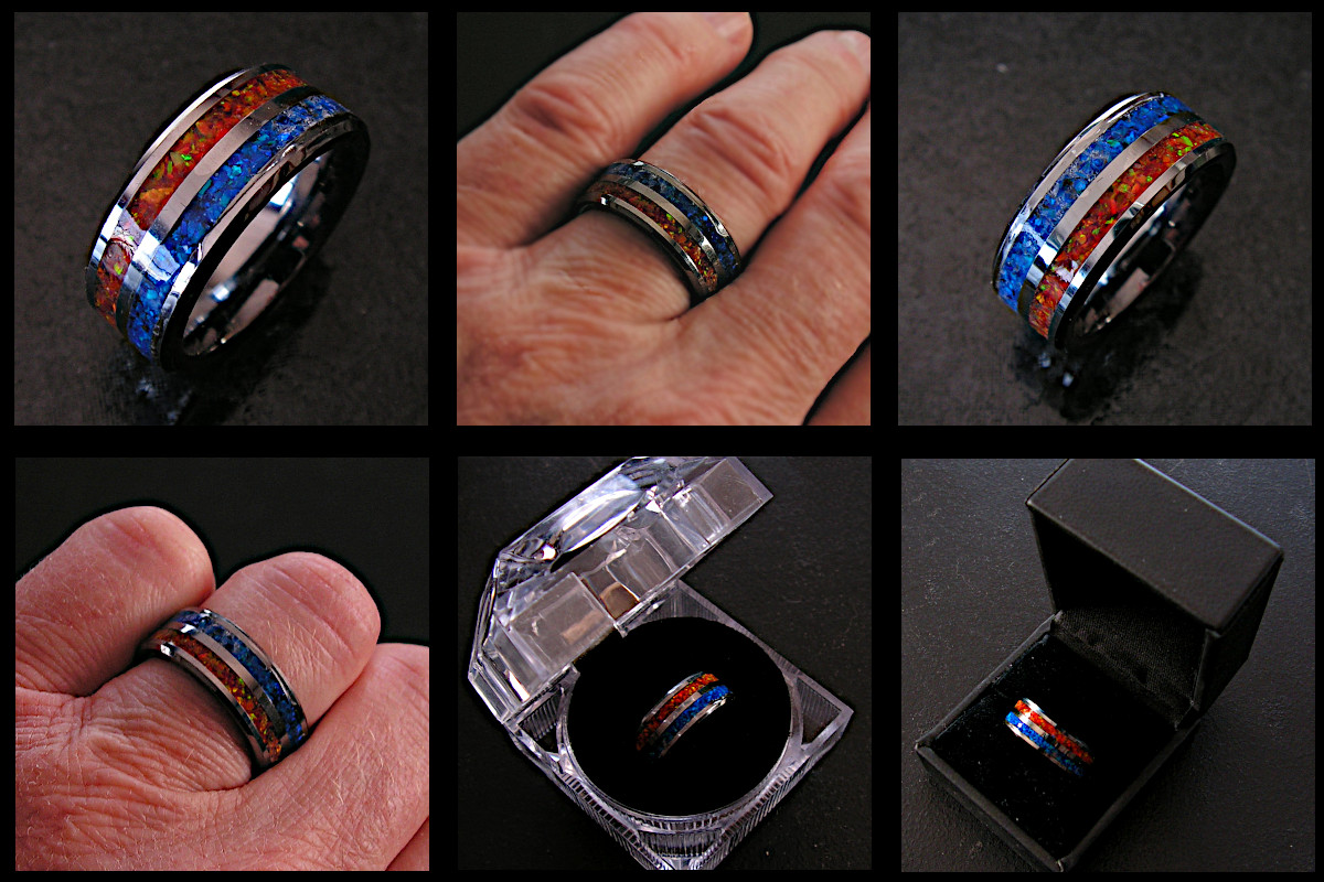 Tungsten Mens Ring 8mm Double Channel Fire and Ice Opals
